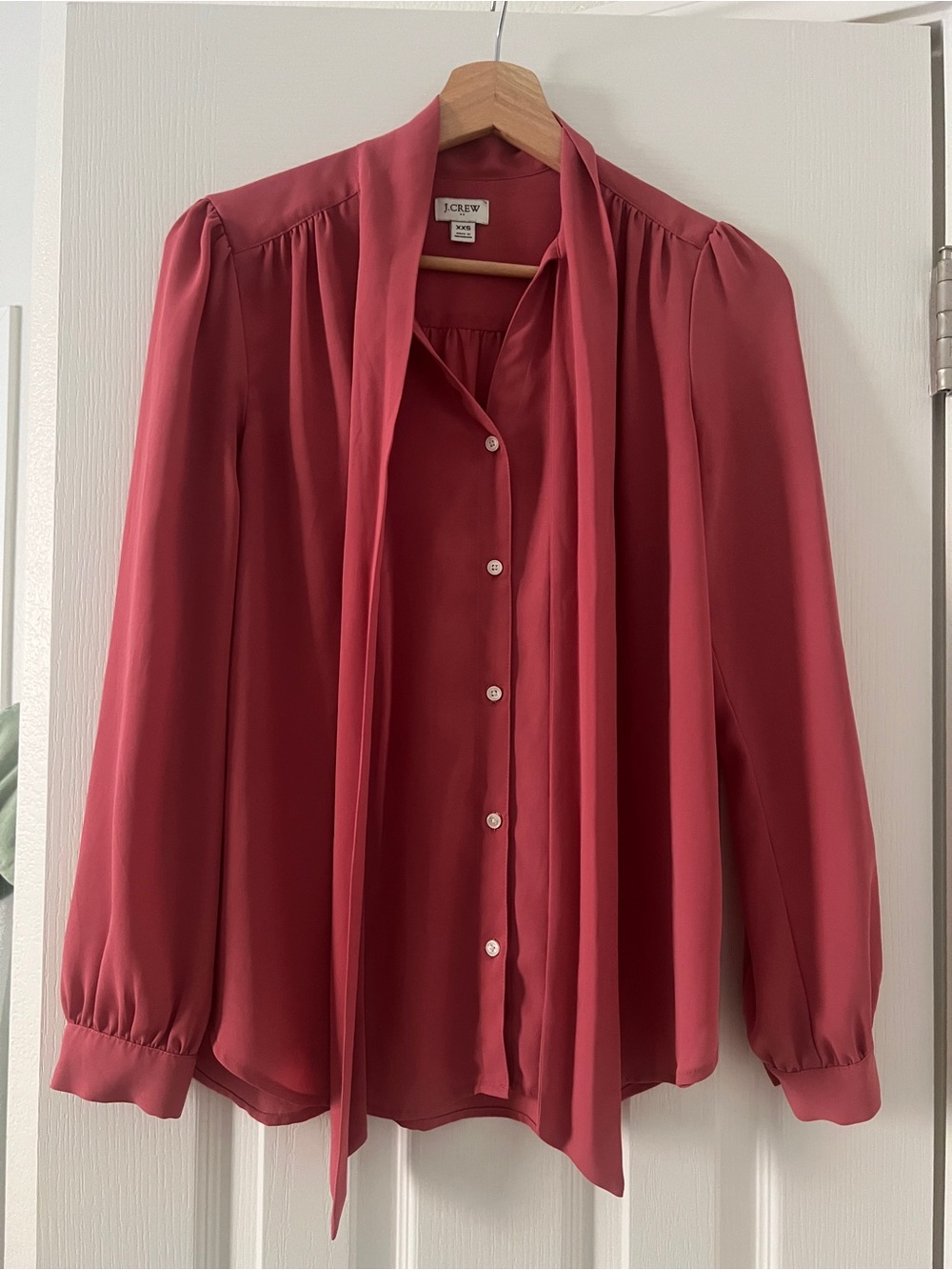 J. Crew Coral Red Tie-Neck Button-Front Blouse